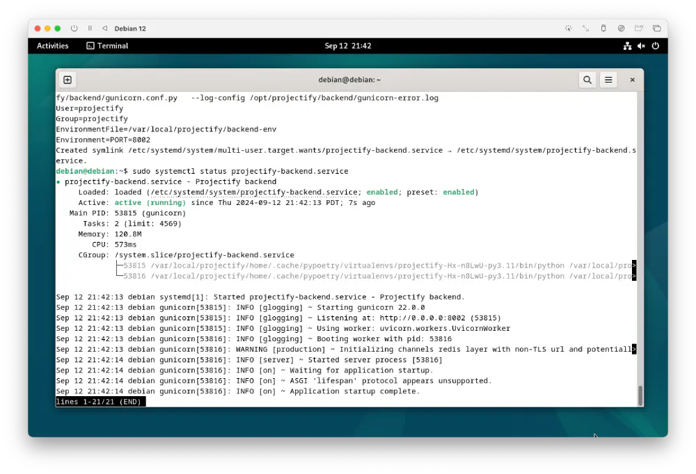 Screenshot showing the Projectify backend running in systemd