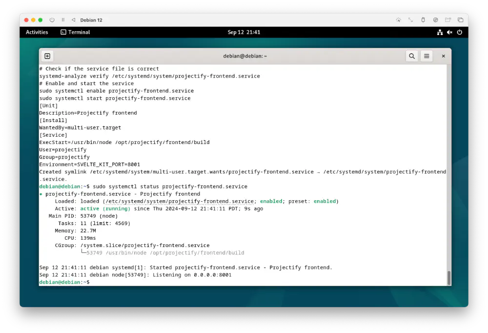 Screenshot of the frontend being up and running as a systemd service