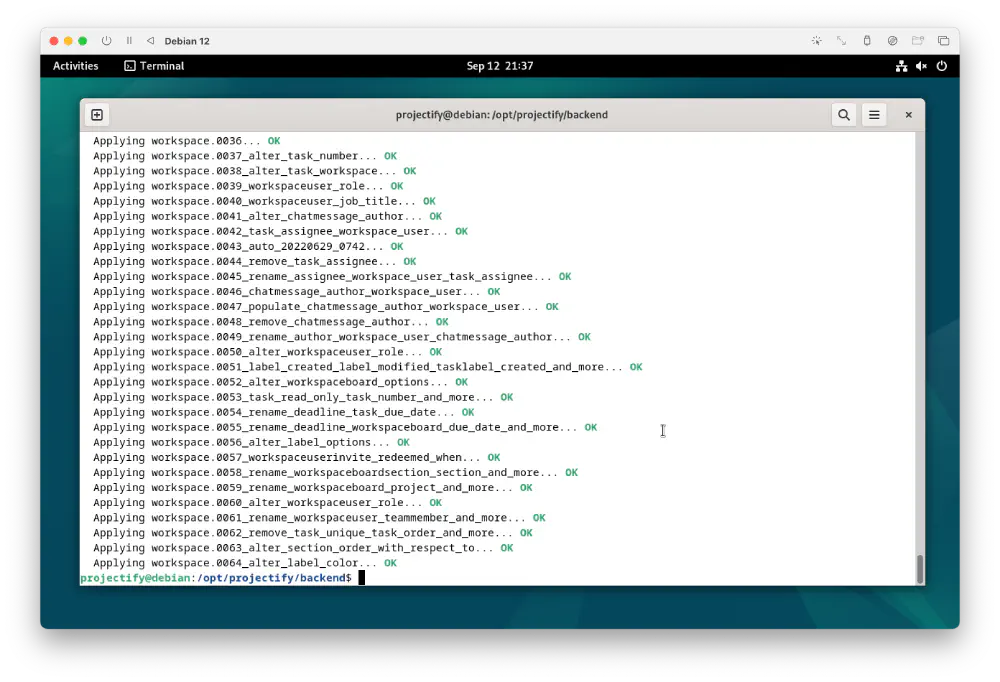 Screenshot of completed Django database migration using ./manage.py migrate